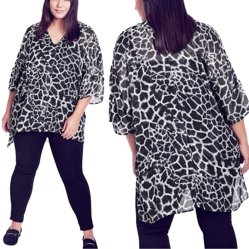 Arna YORK 18-28W Hi Lo Black Animal Print Moment Pleat Print Top Tunic V3.5